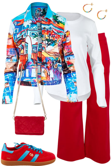 Lisbon Print Ponte Jacket & Red Jeans