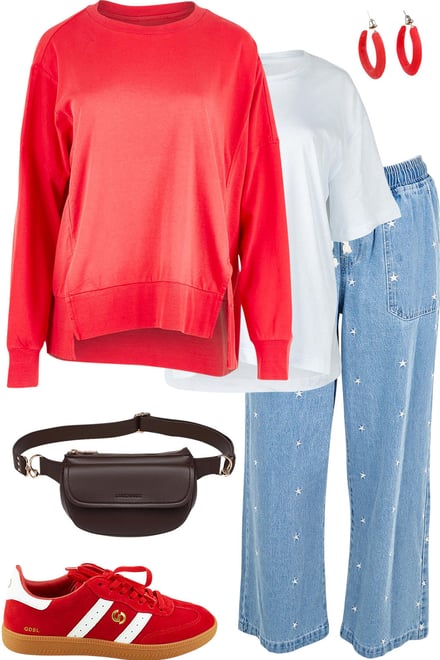 Red Sweat + White Tee + Star Denim