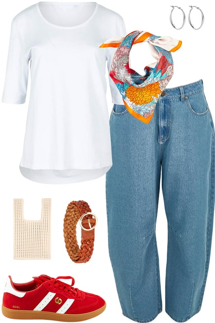 White Tee + Floral Scarf + Barrel Legs