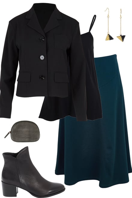 Black Blazer & Lagoon Ponte Skirt