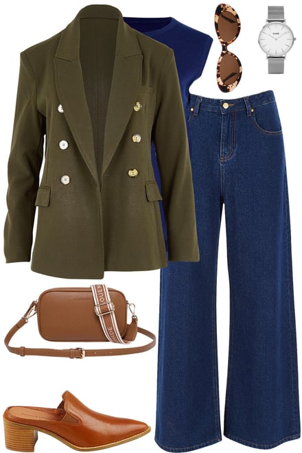 Olive Blazer + Navy Knit + Dark Denim