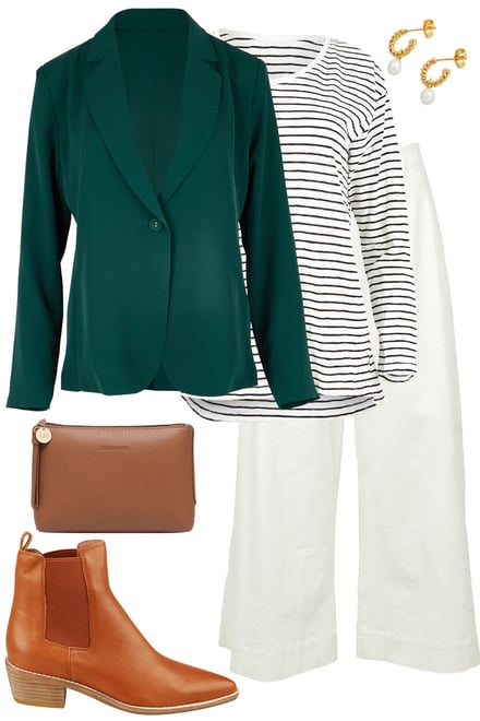 Dark Teal Blazer + Stripes + White Pants