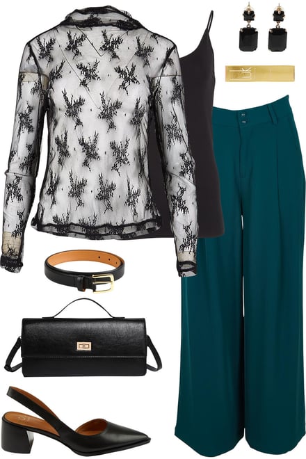 Black Lace Top With Dark Teal Pants