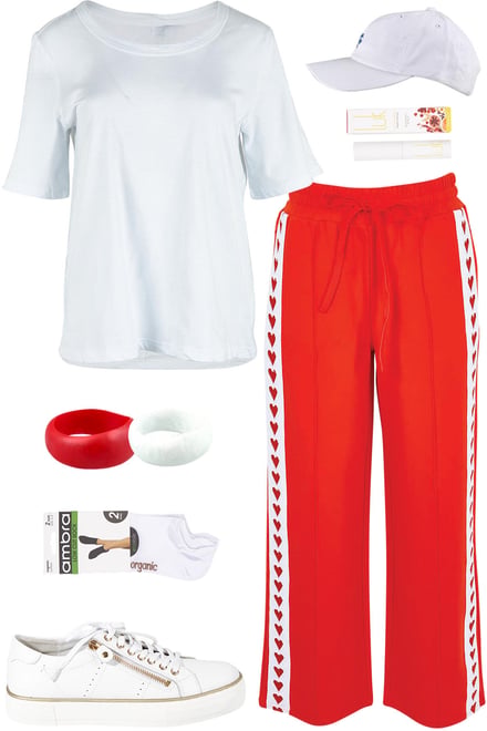 White Tee & Tomato Red Track Pants