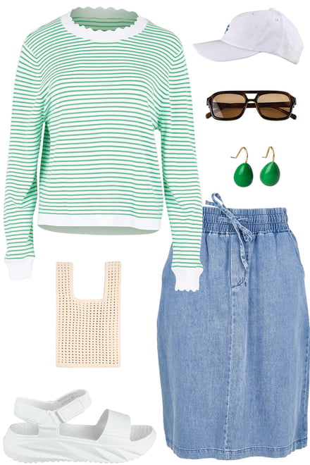 Green Knit Sweater With Denim Skirt
