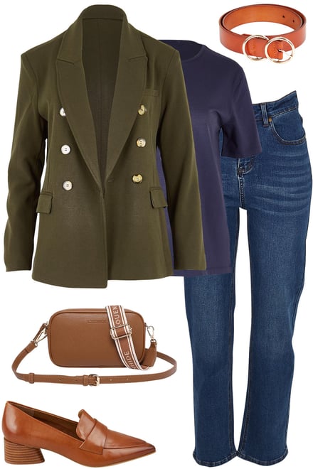 Olive Blazer + Navy Tee + Dark Denim
