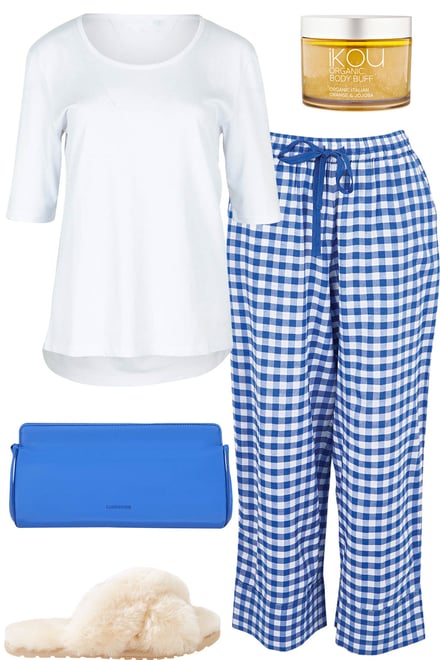 White Tee + Blue Check Pyjama Pants - Self Care Day