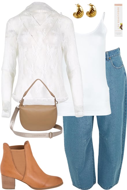 White Lace Top With Barrel Jeans