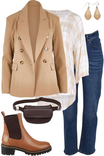 Tan Jacket + Ivory Sand Shirt + Denim