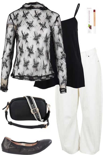 Black Lace With White Barrel Jeans