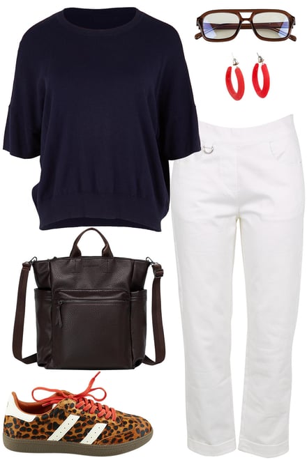 Darklapis Knit With White Pants