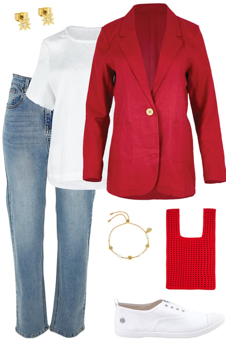 Red Longline Blazer With Light Denim