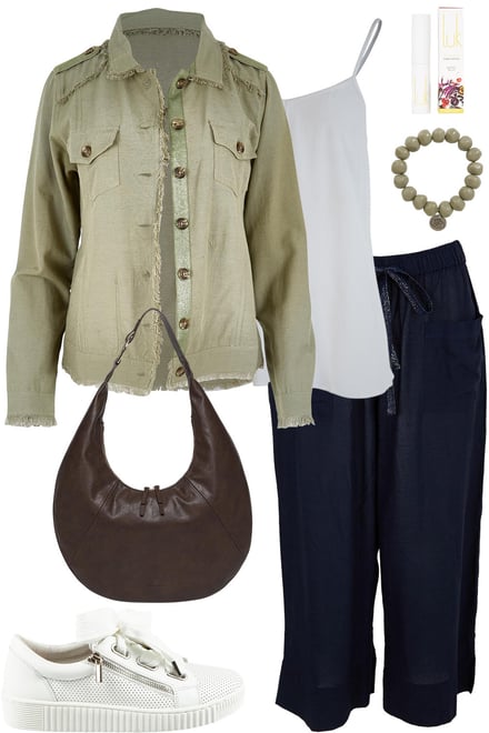Khaki Fringe Jacket With Navy Pants