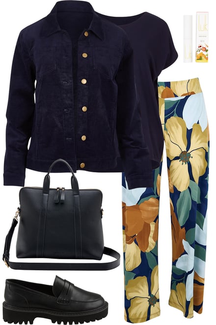 Navy Cord Jacket With Floral Printed Pants