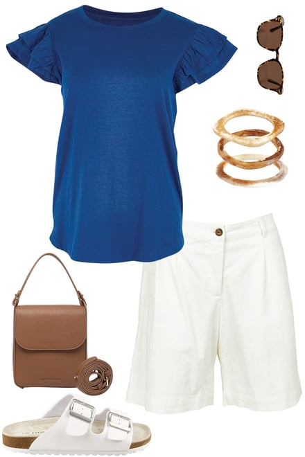 Navy Ruffle Sleeve Top & White Shorts