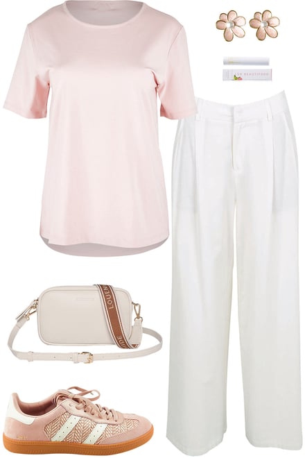 Soft Pink Tee With White Trousers