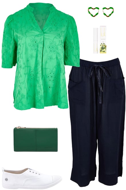 Green Broderie Top & Navy Pants