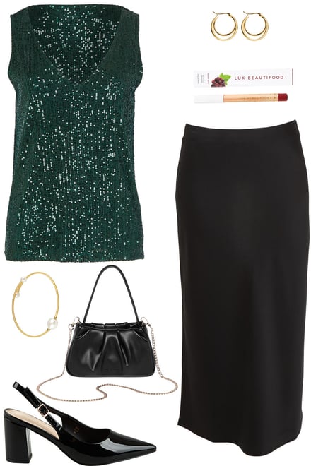 Forest Green Sequins & Black Satin