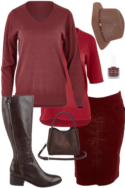 The Smokey Rose V Neck & Nutmeg Skirt