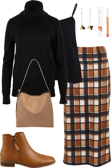 Tan-Black Skirt With Black Roll Neck