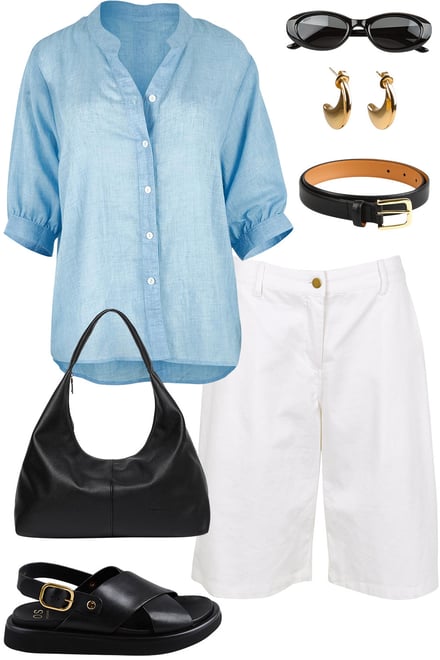Blue Blouse & White Long Line Shorts