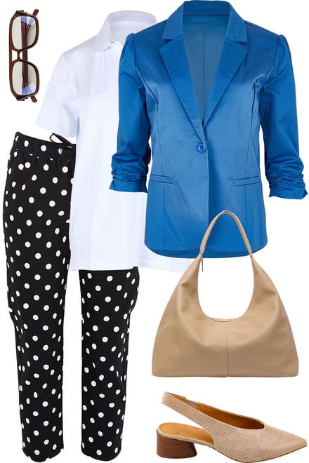 Blue Blazer & White Polo & Black-White Pants