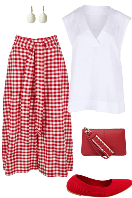 White Linen Tank & Red Gingam Pants