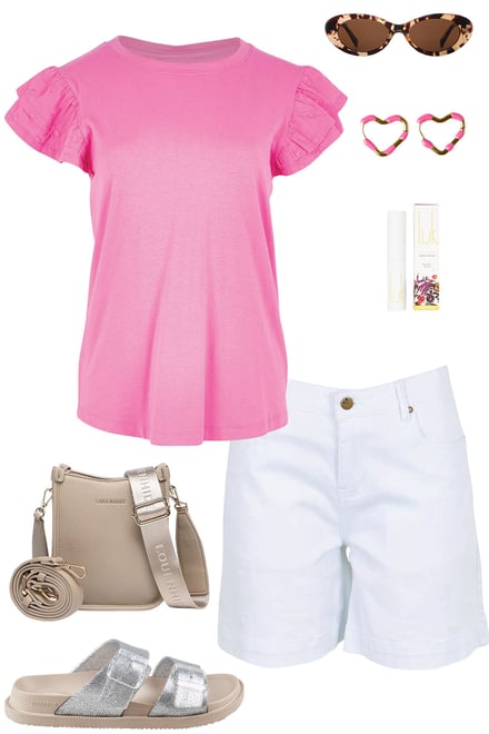 Pink Ruffle Sleeve Top & White Shorts