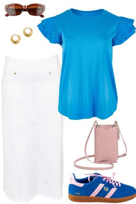 Frenchblue Ruffle Sleeve Top & White Skirt