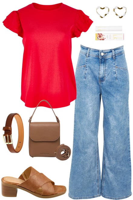 Red Ruffle Sleeve Top & Light Denim