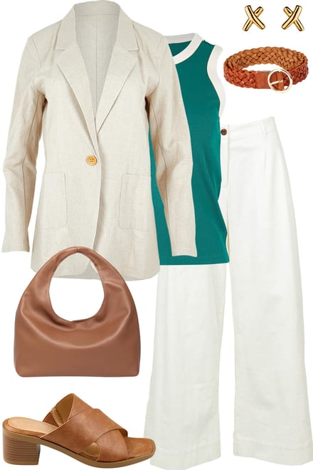 Sand Blazer & Green Tank & White Pants