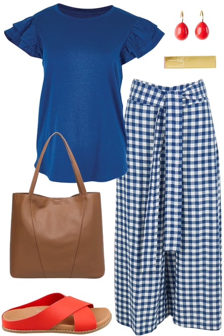 Navy Ruffle Sleeve Top & Gingham Pants