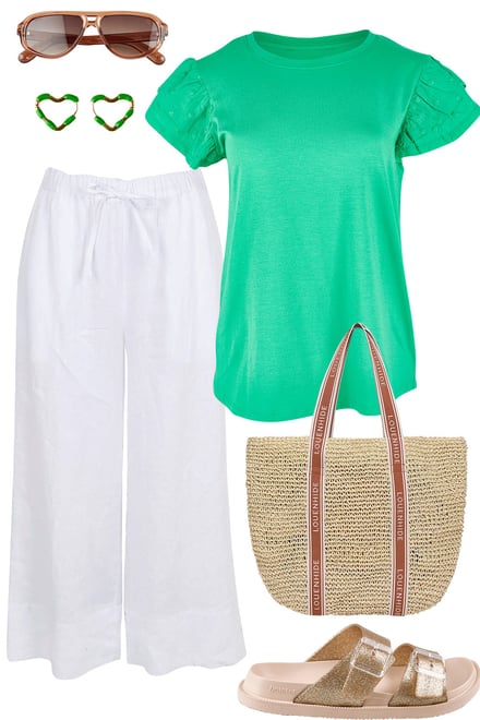 Mint Ruffle Sleeve Top & White Pants