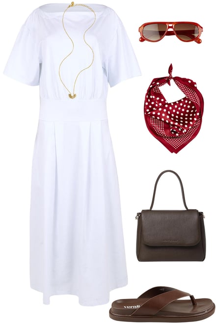 White Maxi Tee Dress & Red Scarf