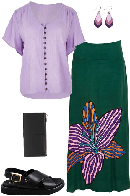 Lavendar Blouse & Flower Print Maxi Skirt