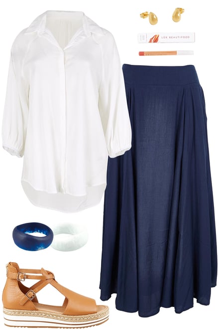 White Every Wear Shirt & Navy Skirt
