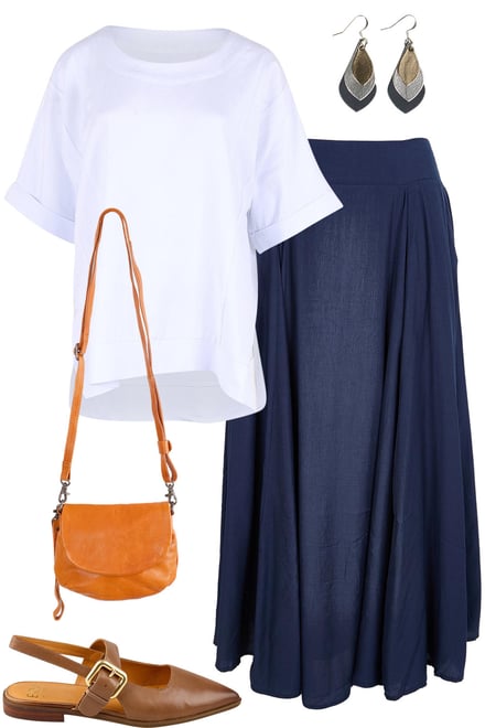 White Woven Tee & Navy Skirt