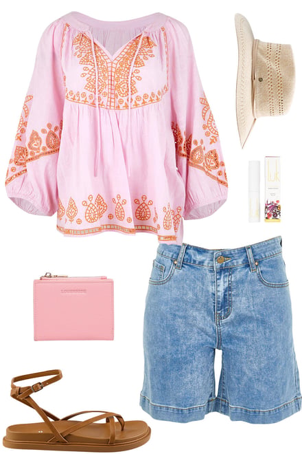 Pink Tangerine Blouse & Demin Shorts