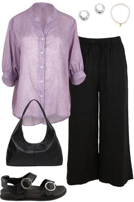 Grape Blouse & Black Linen Pants