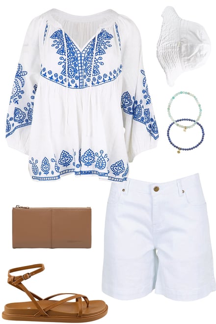 White Blue Embroidered Blouse & White Shorts
