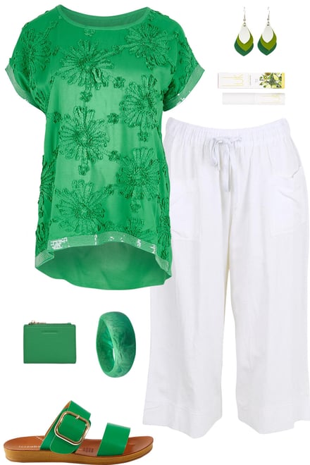 Green Embellished Tee & White Pants