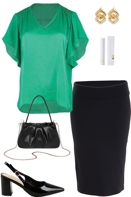 Green Shirred Detail Top & Black Skirt
