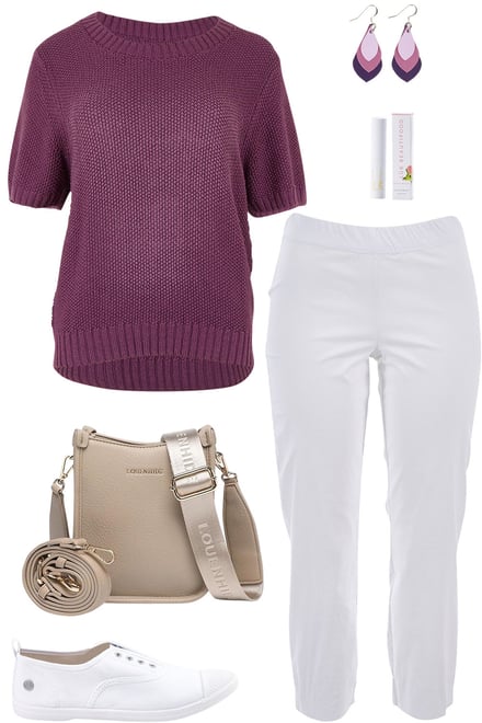Plum Knit Top With White Pants
