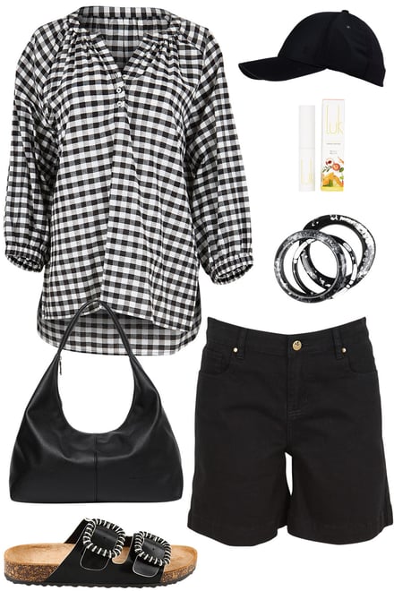 Black Gingham Blouse & Black Shorts