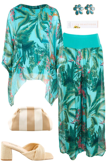 Aqua Garden Silk Blend Top & Pant Set