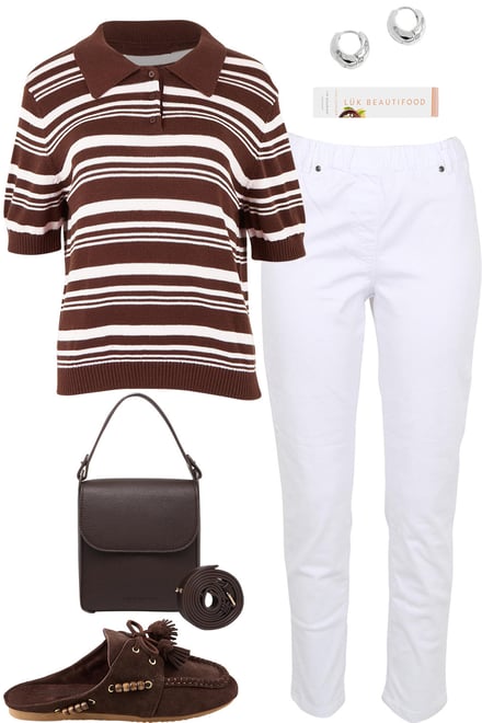 Choc Stripe Top With White Pants
