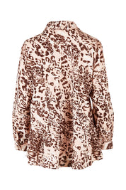 Product shot of the Eliza Leopard Linen Tiered Long Shirt in colour Leopard, from the back
