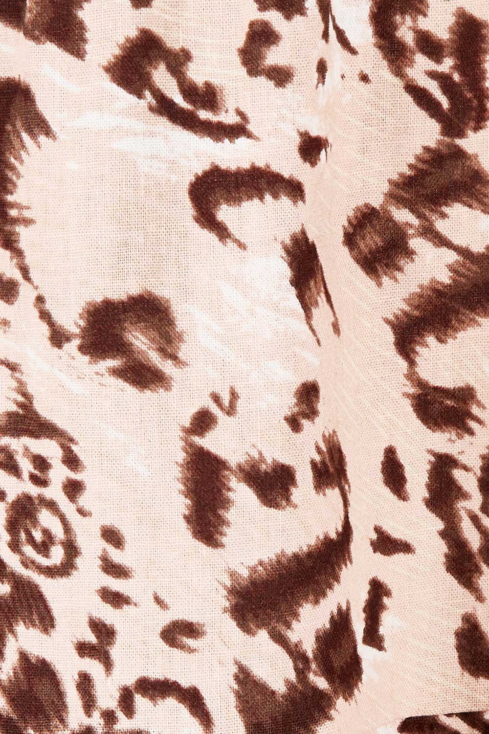 Product shot of the Eliza Leopard Linen Tiered Long Shirt in colour Leopard, detail
