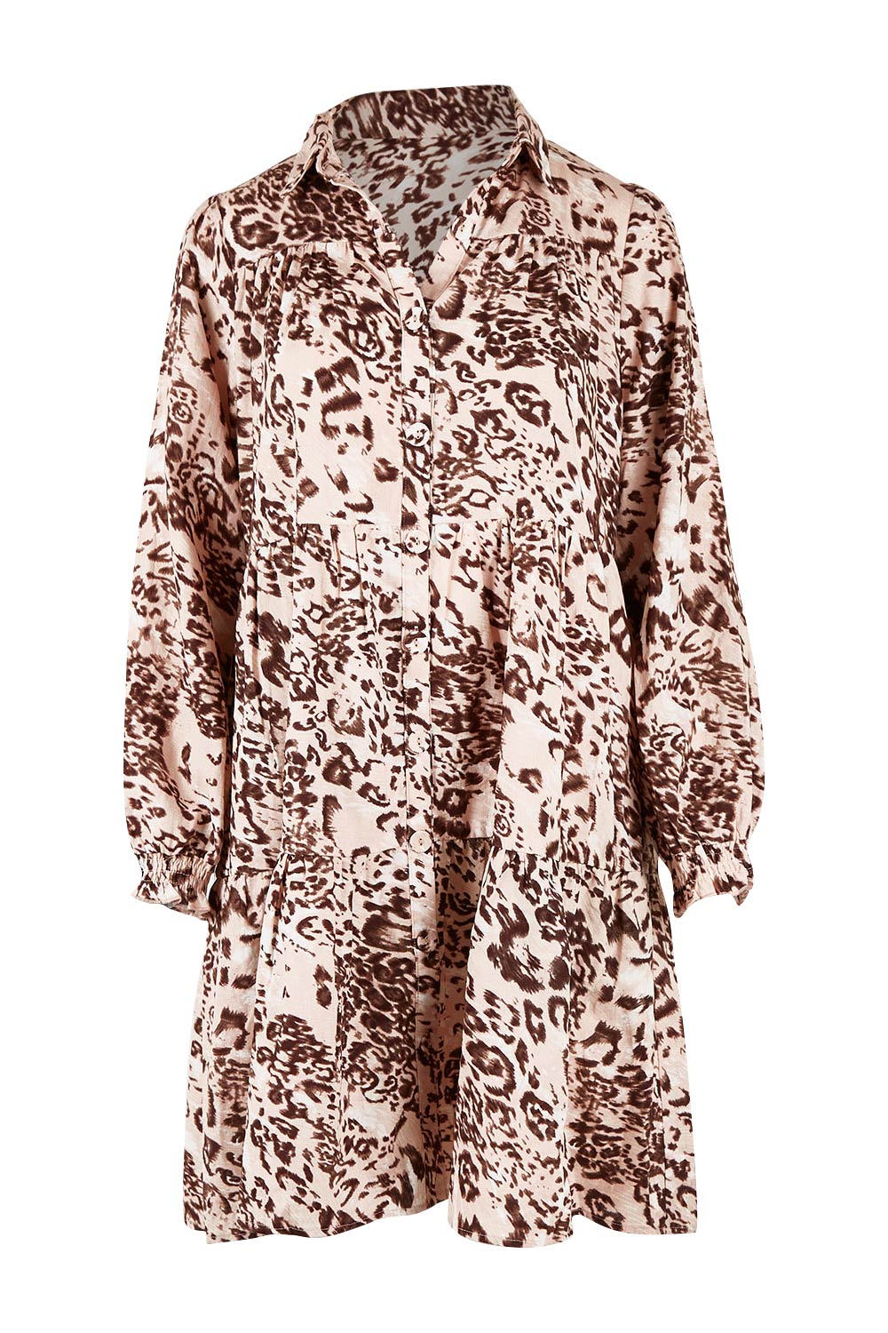 Product shot of the Katy Leopard Linen Tiered Long Sleeve Dress in colour Leopard, from the front