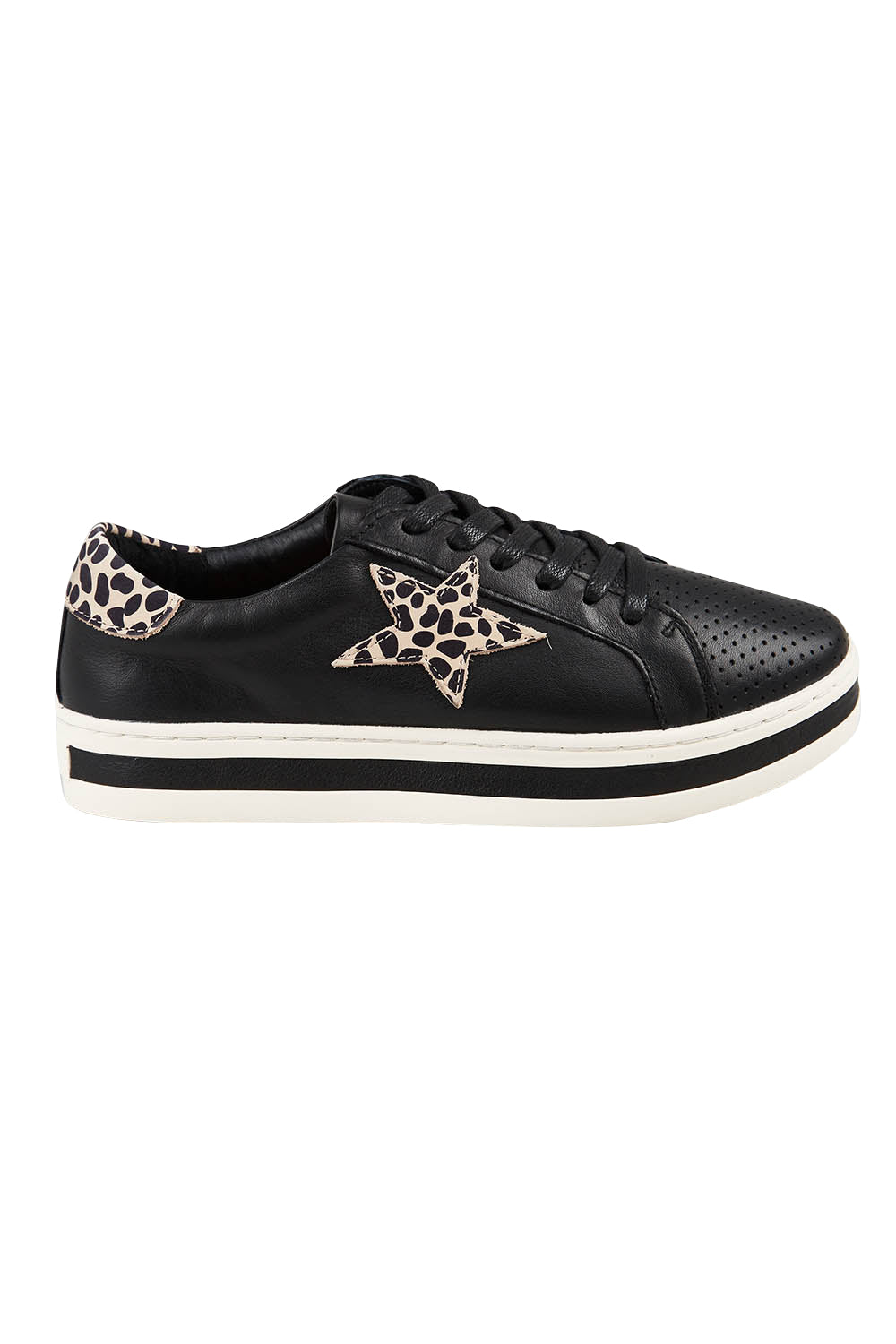 Product shot of the Pixie Leather Sneaker in colour Blackbrown (Black), from the front